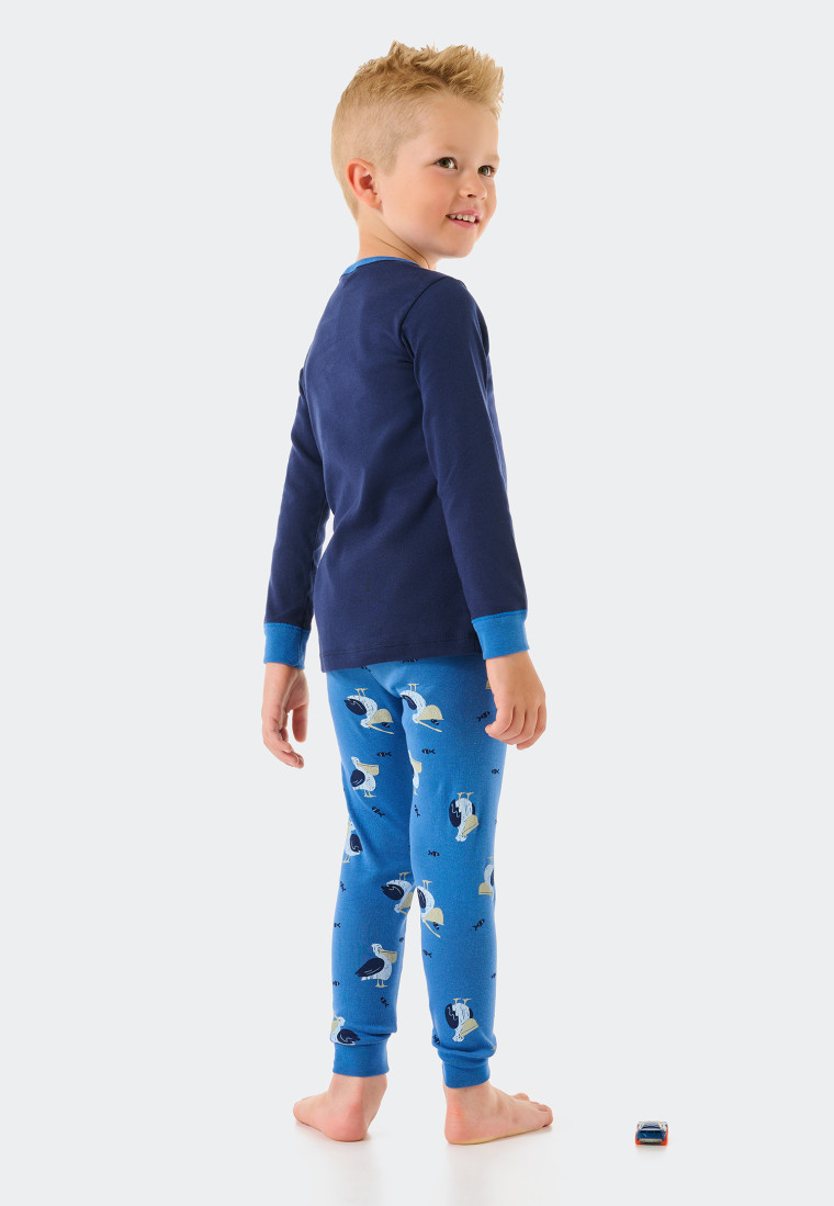 pyjama lang fijnrib biologisch katoen boorden legging pelikaan vissen donkerblauw - Natural Love