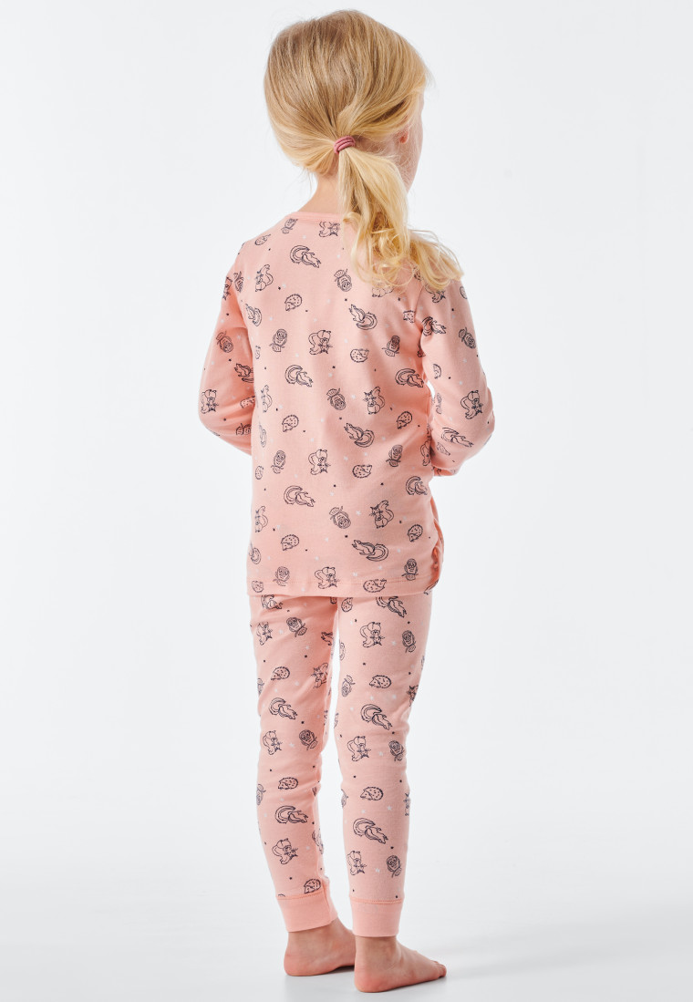 Long pajamas fine rib organic cotton cuffs forest animals stars peach - Natural Love