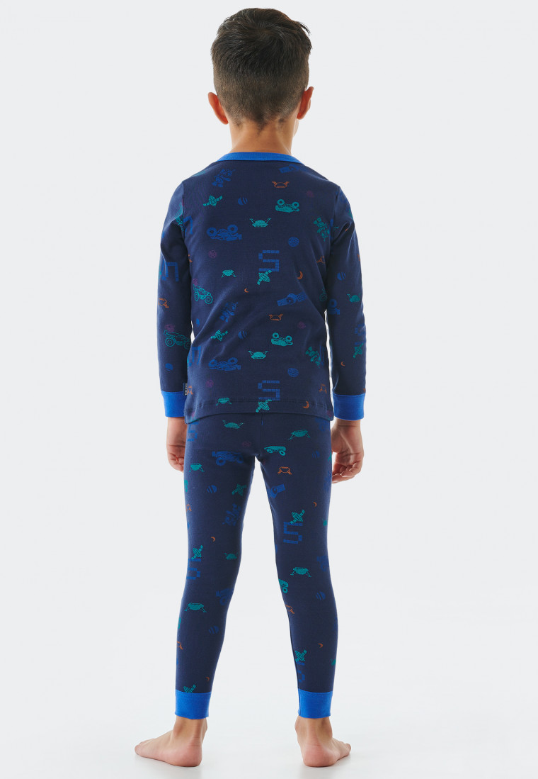 Schlafanzug lang Feinripp Organic Cotton Bündchen Weltall Pixel dunkelblau - Boys World