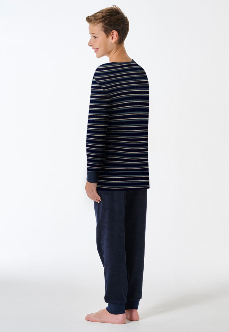 Schlafanzug lang Frottee Bündchen dunkelblau geringelt - Teens Nightwear