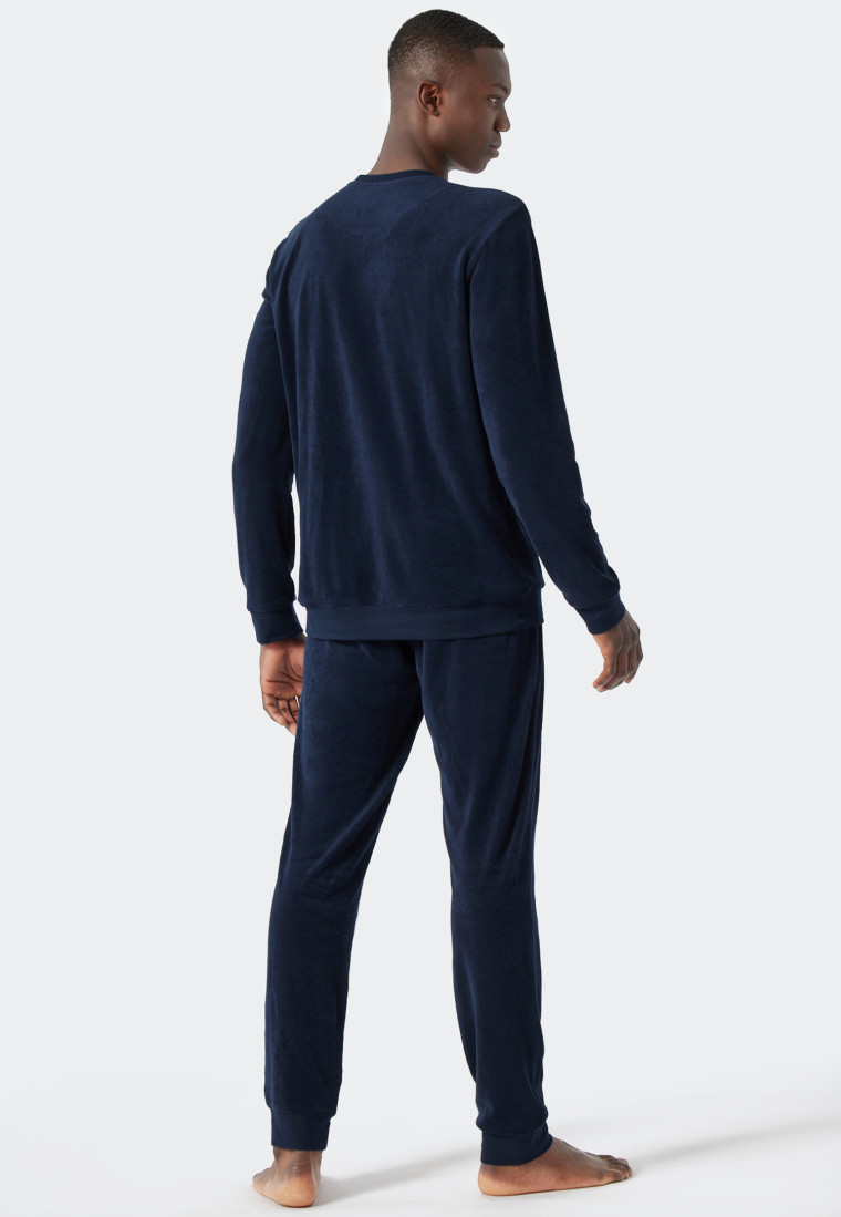 Pyjama long tissu éponge bords-côtes inscription bleu foncé - Warming Nightwear