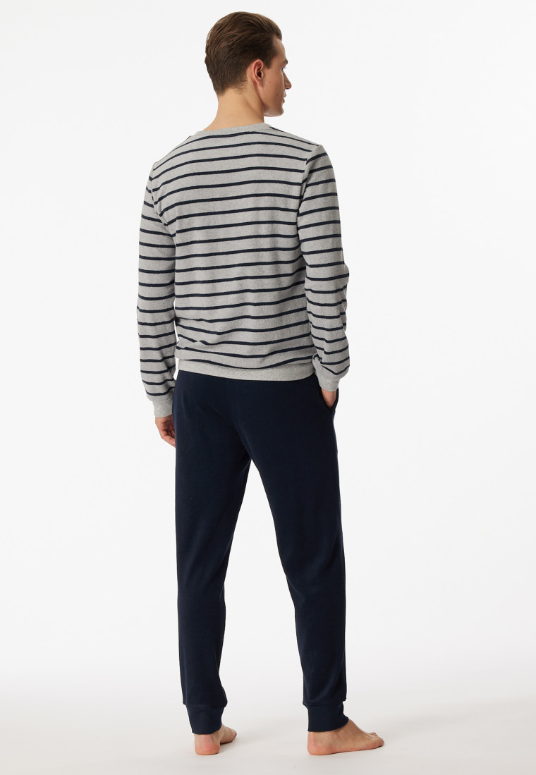 Pyjama long éponge bords-côtes rayures gris chiné - Warming Nightwear