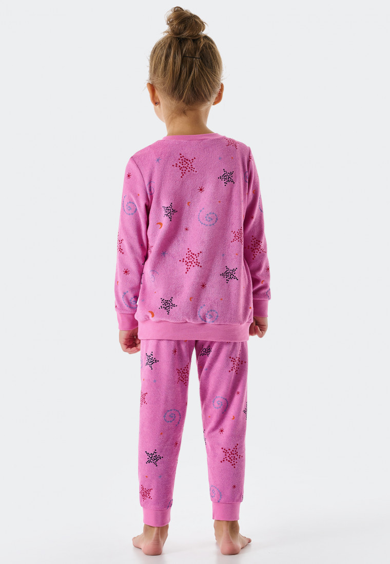 Pigiama lungo in spugna di cotone biologico con polsini e motivo di stelle e spazio cosmico, rosa - Girls World