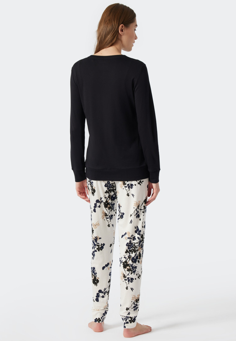 Schlafanzug lang Interlock Bündchen Blumenprint off-white - Contemporary Nightwear
