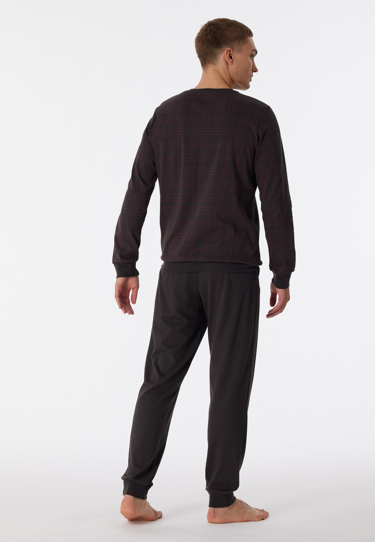 Pigiama lungo in tessuto Interlock con polsini e motivo a quadri, antracite - Fine Interlock