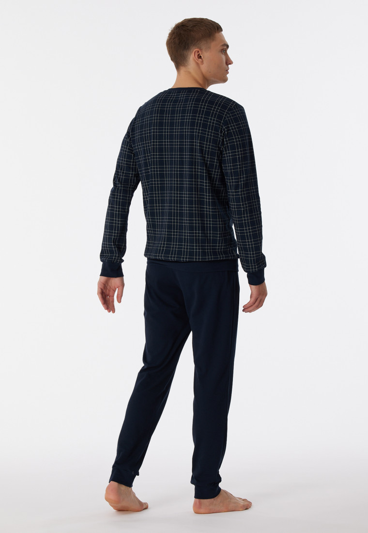 Pajamas long interlock cuffs check midnight blue - Fine Interlock