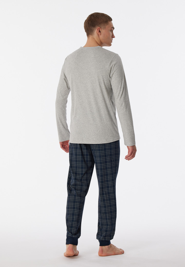 Pigiama lungo in Interlock con polsini, abbottonatura e motivo a quadri, grigio screziato - Fine Interlock