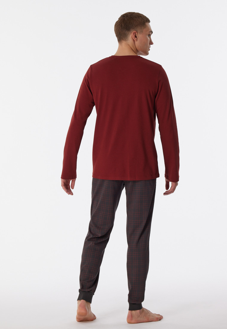 Pyjama long interlock bords-côtes patte de boutonnage carreaux terracotta - Fine Interlock
