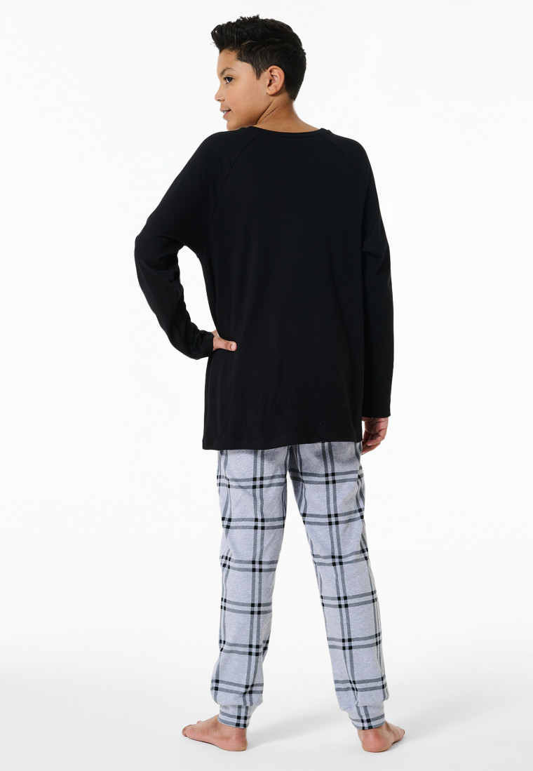 Schlafanzug lang Interlock Karos schwarz - Nightwear