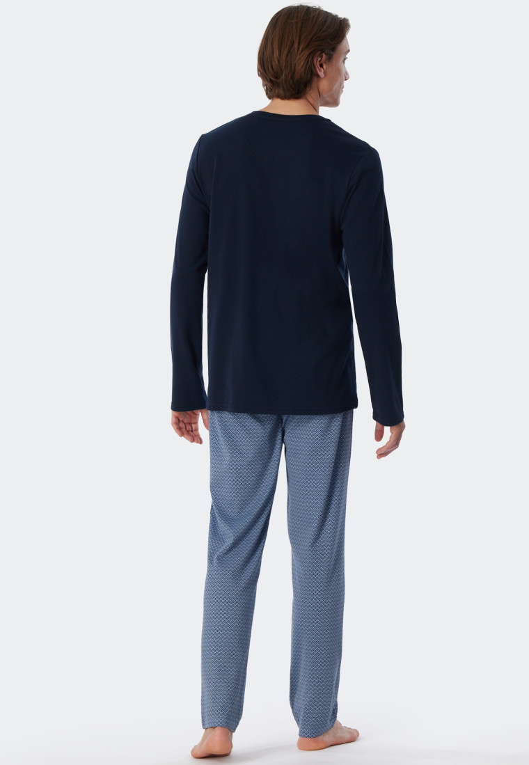 Pyjama long interlock patte de boutonnage bleu air imprimé - Fine Interlock