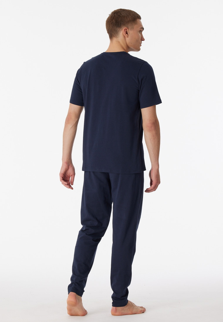 Midnight blue pajamas consisting of long bottoms and a short-sleeved top made of organic cotton with stripes, – 95/5 Nightwear