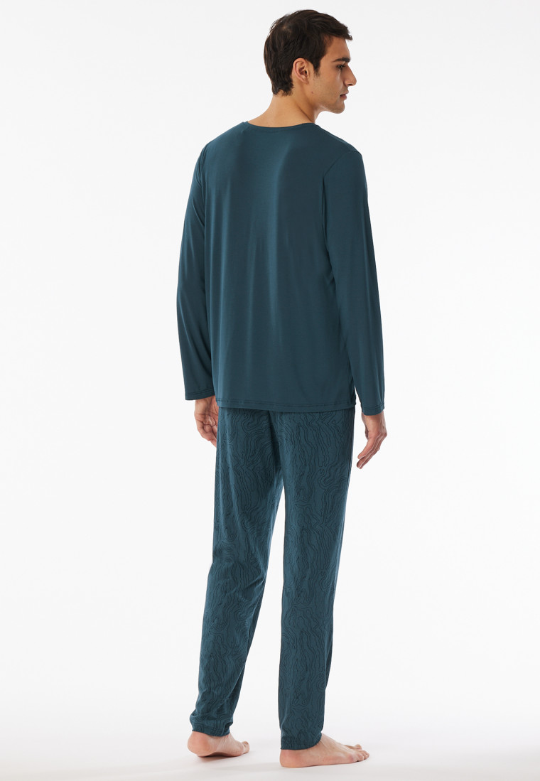 Schlafanzug lang Modal Blätter dunkelblau gemustert - Long Life Soft