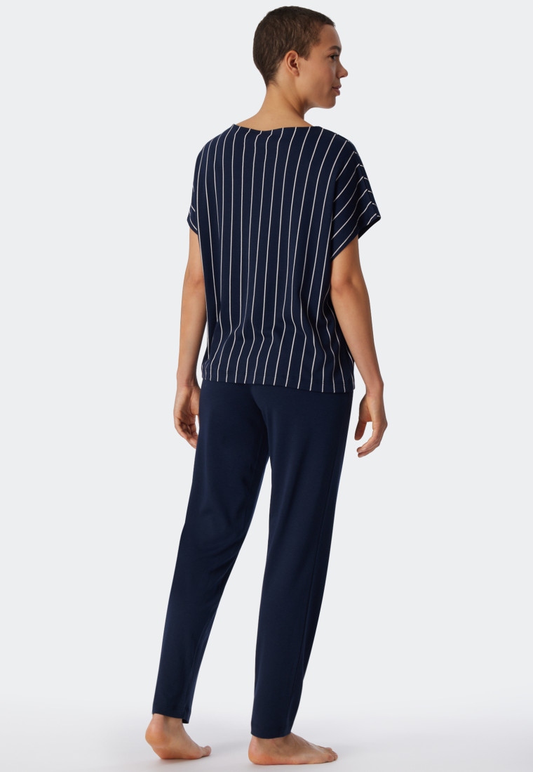 Pyjama long modal haut oversize manches courtes bleu foncé/rayé - Modern Nightwear