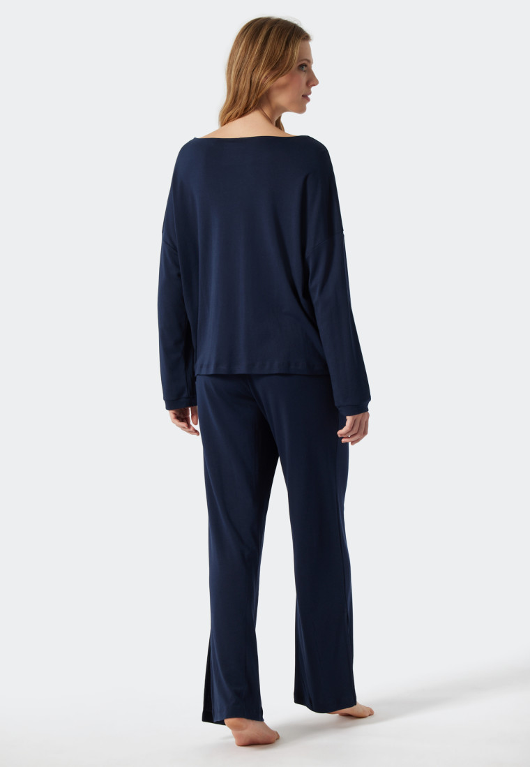 Schlafanzug lang Modal Oversized-Shirt überschnittene Schultern dunkelblau - Modern Nightwear