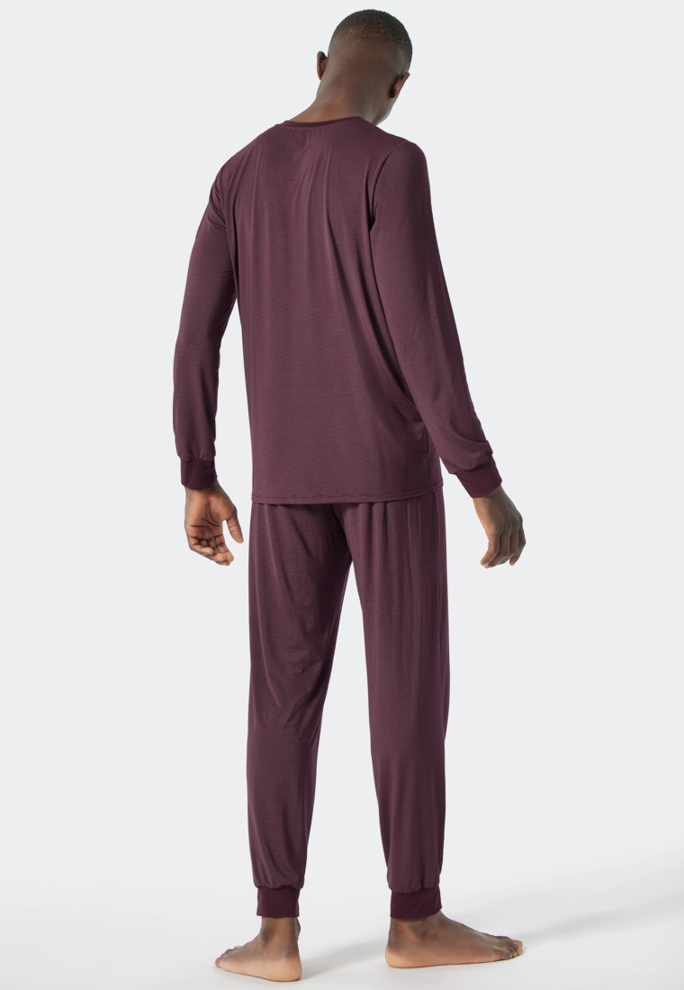 Schlafanzug lang Modal Rundhals Bündchen gestreift burgund - Long Life Soft