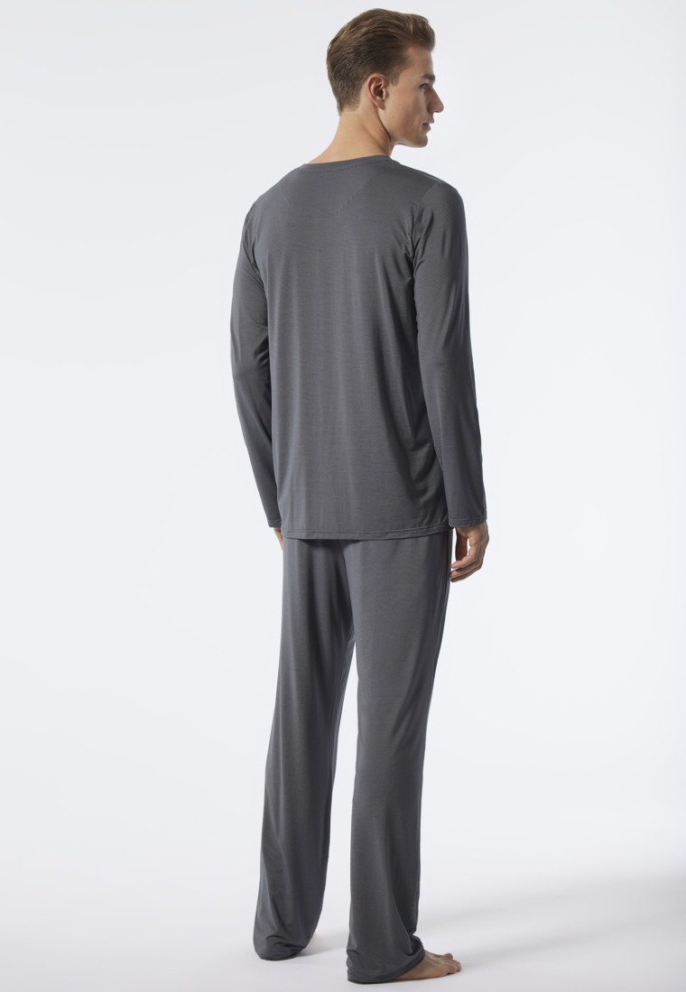 Schlafanzug lang Modal V-Ausschnitt gestreift dunkelgrau - Long Life Soft