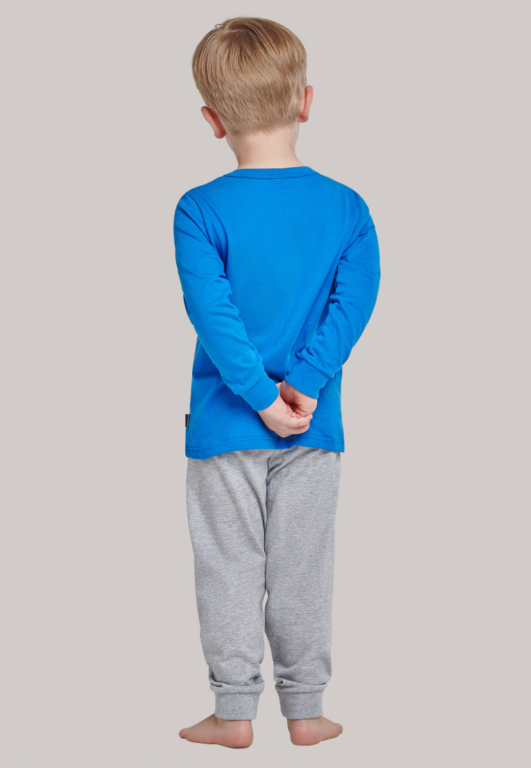 Schlafanzug lang Organic Cotton Bündchen Affen Rennwagen blau/grau-meliert - Boys World