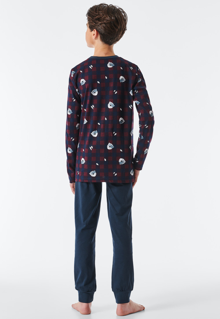 Pyjama long coton bio poignets ours polaire carreaux bordeaux - Feeling@Home