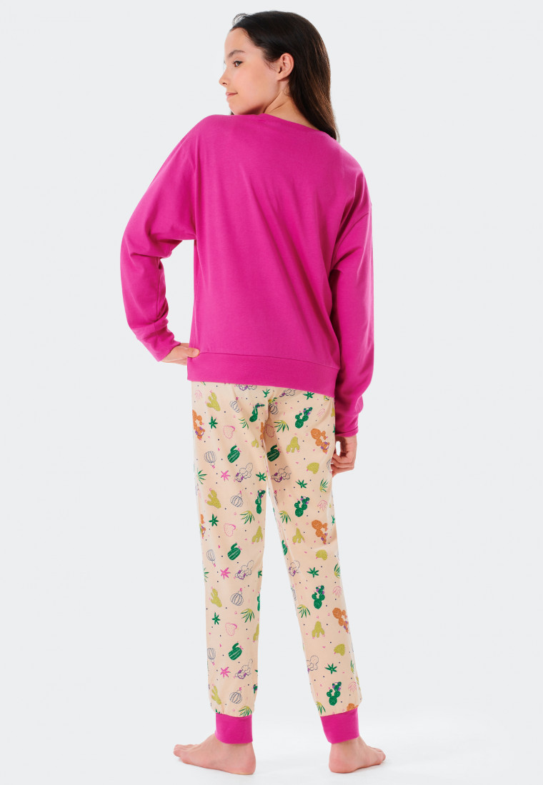 Lange pyjama, boorden van biologisch katoen, cactusroze - Prickly Love