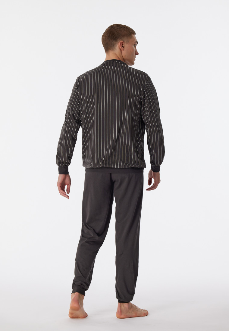 Pigiama lungo con polsini in cotone biologico a righe, antracite - Comfort Nightwear