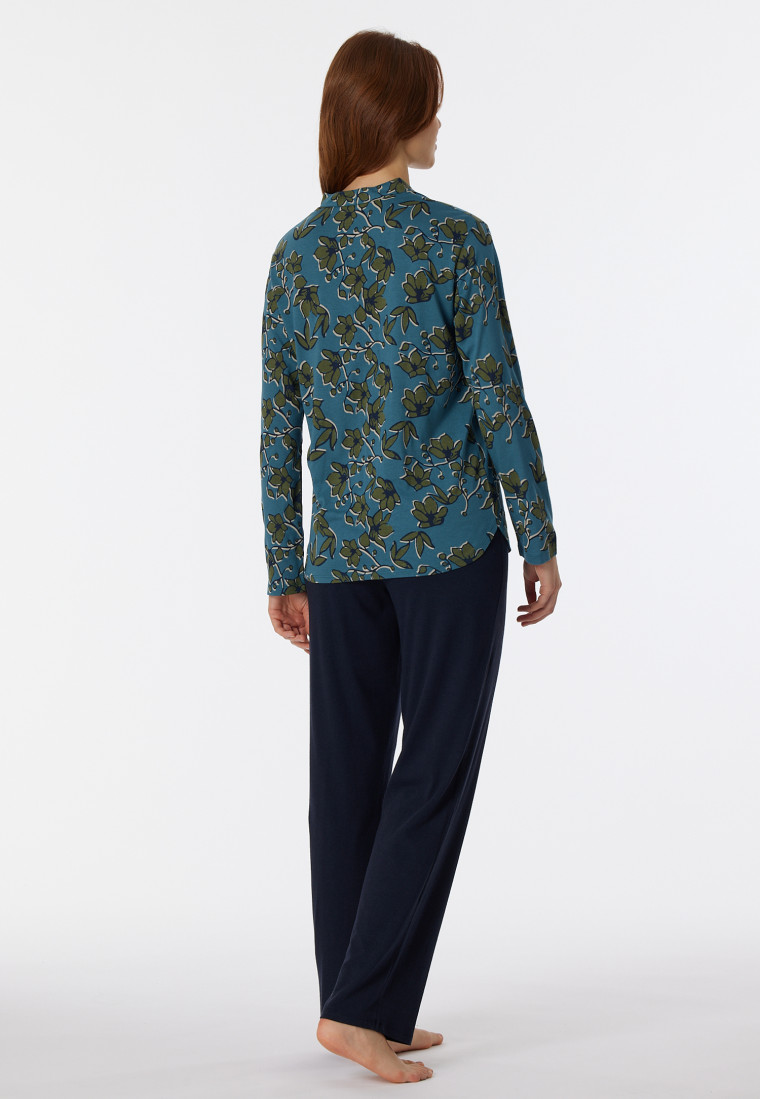 Pyjama lang biologisch katoen knoopsluiting bloemenprint petrol - Contemporary Nightwear