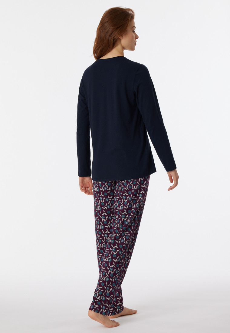 Pajamas long organic cotton button placket midnight blue - Comfort Nightwear