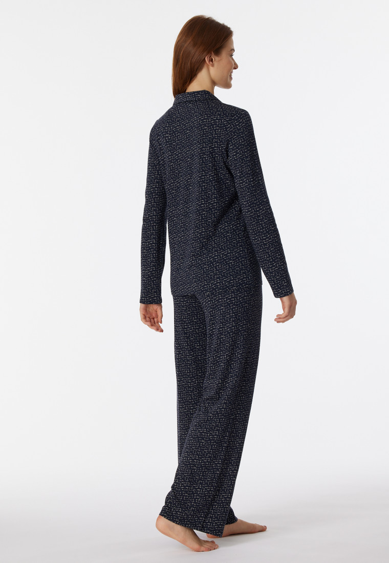 Schlafanzug lang Organic Cotton Knopfleiste Reverskragen Grafikprint nachtblau - Contemporary Nightwear