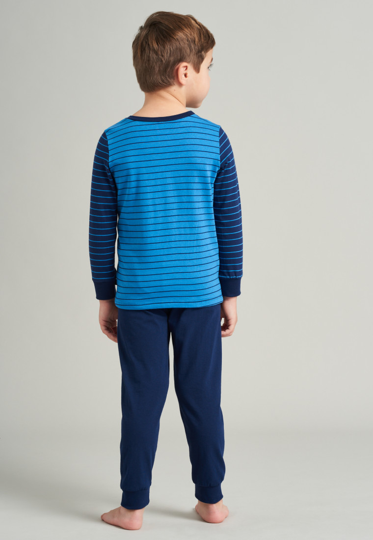 Long pajamas organic cotton striped cuffs pirate ship blue - Capt'n Sharky
