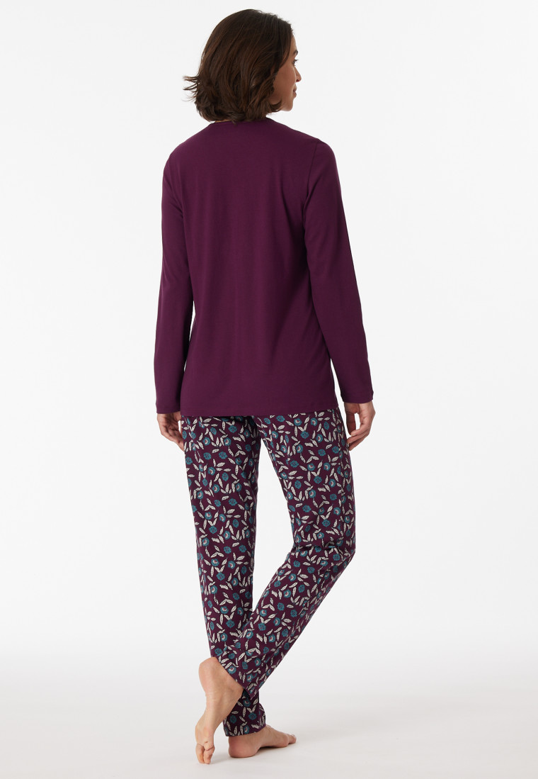 Pigiama lungo in cotone biologico con scollo a V, prugna - Comfort Nightwear