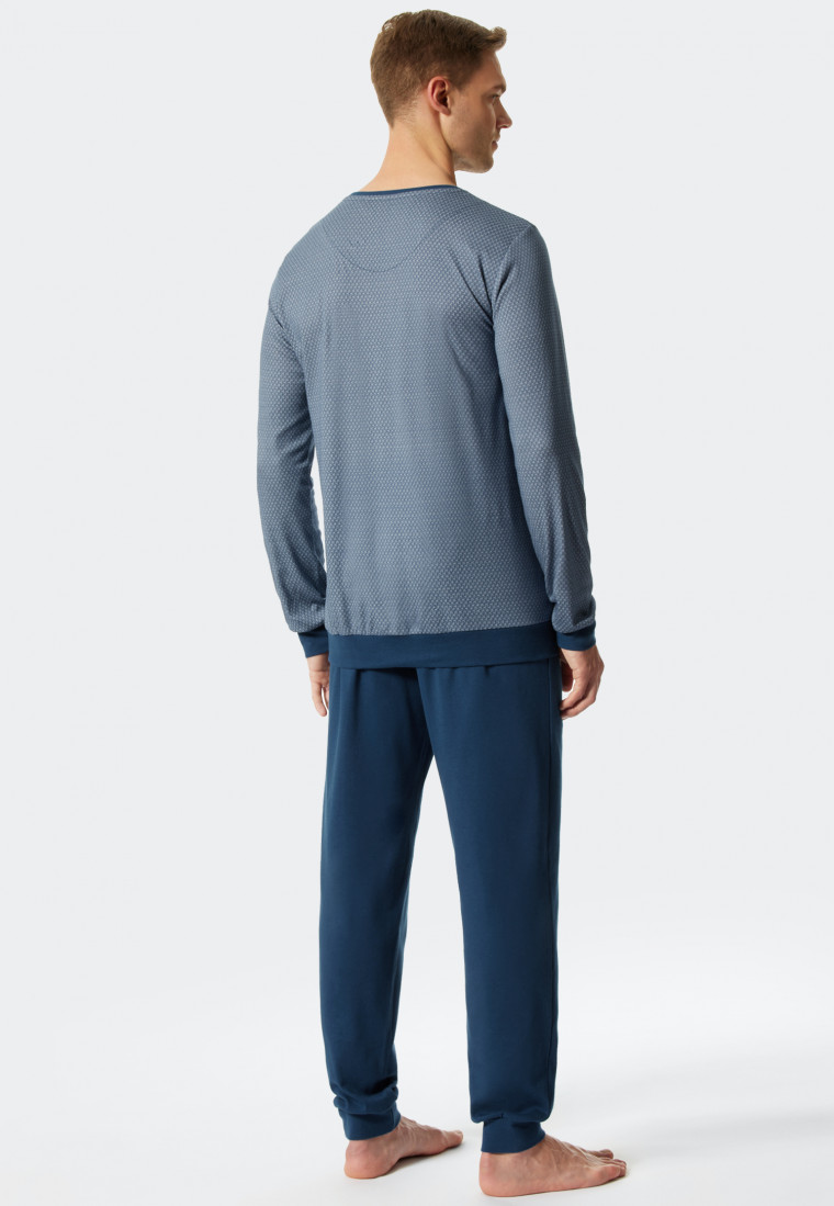 Pyjama long encolure arrondie bords-côtes motif bleu - Fine Interlock
