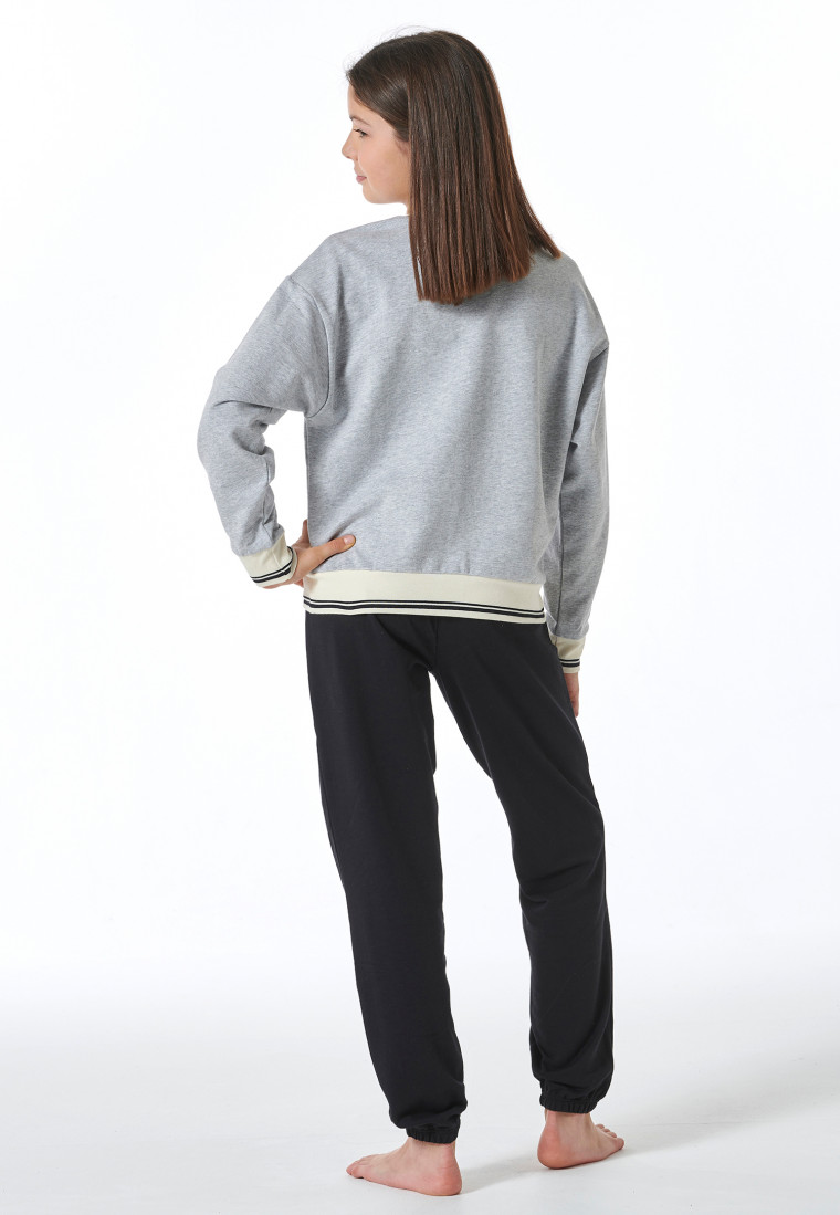 Schlafanzug lang Sweatware Bündchen grau-meliert - Nightwear