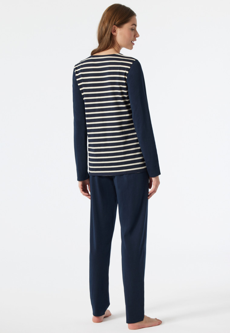 Pyjama lange V-hals Bretonse strepen donkerblauw - Essential Stripes