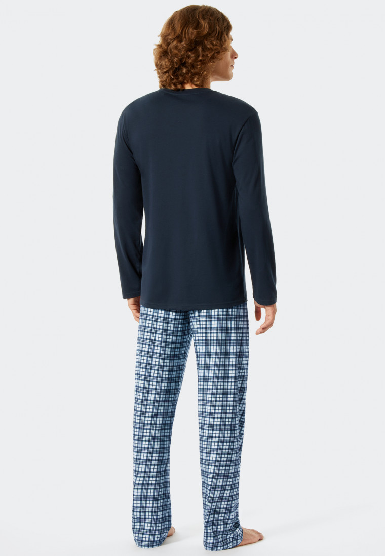 Pajamas long V-neck checked dark blue - Comfort Fit
