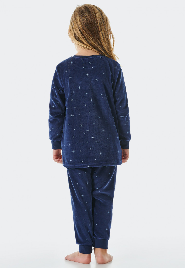 Schlafanzug lang Velour Bündchen Sterne nachtblau - Girls World