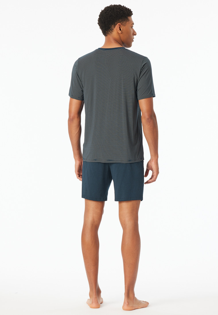Korte pyjama van modalvezel met v-hals, blauw met strepen - Long Life Soft