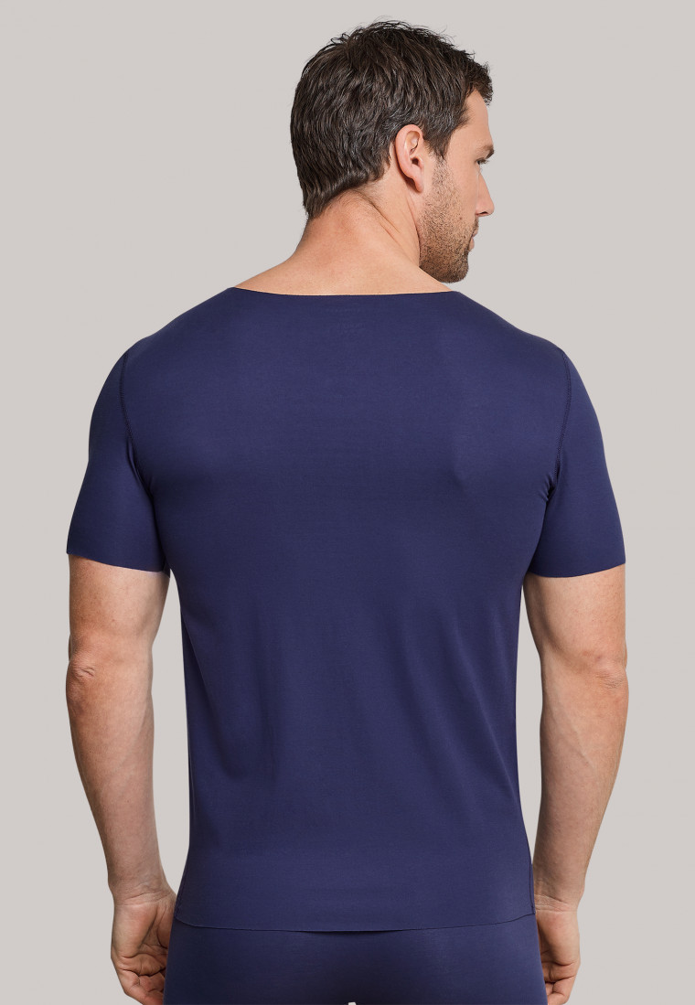 Maglia in cotone interlock seamless a maniche corte con scollo a V blu - Laser Cut