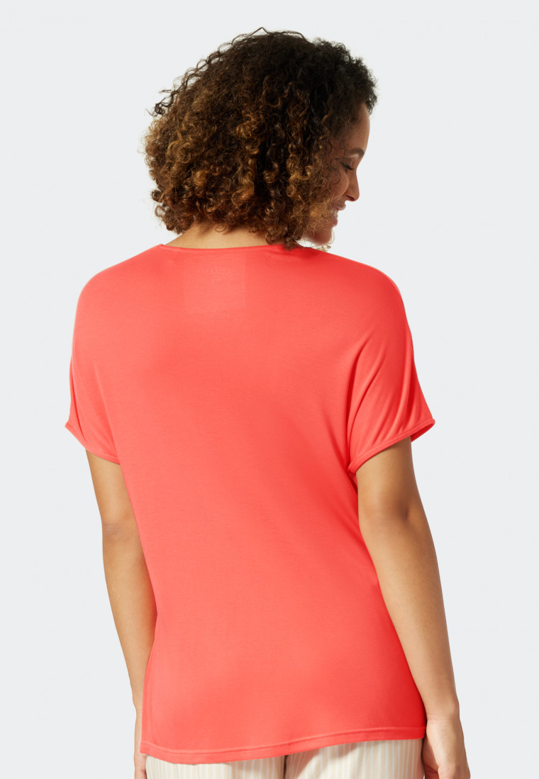 Shirt kurzam Modal V-Ausschnitt Spitze koralle - Mix+Relax