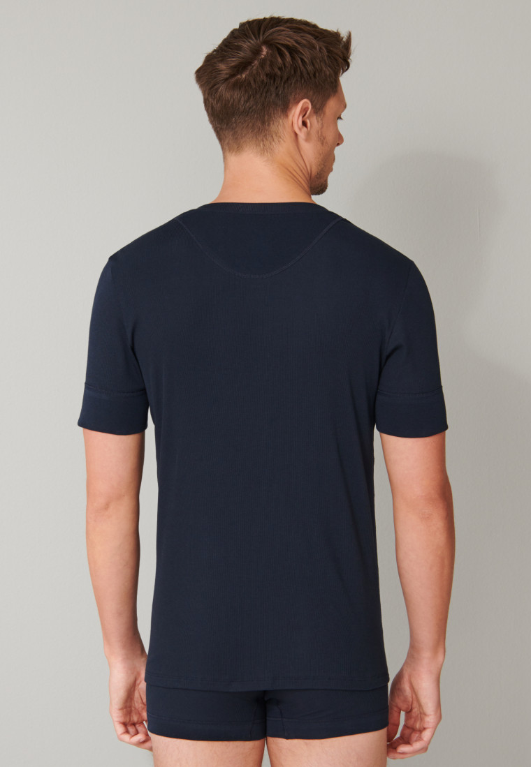 Shirt kurzarm Doppelripp Organic Cotton Knopfleiste dunkelblau - Retro Rib