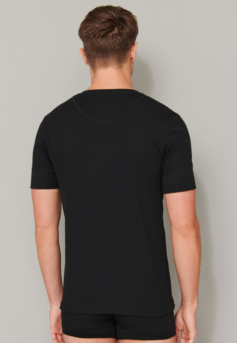 Shirt short-sleeved double rib organic cotton button placket black - Retro Rib