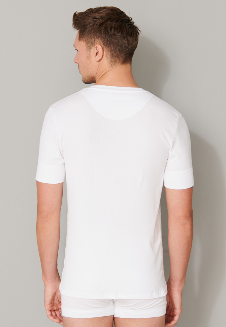 Shirt short-sleeved double rib organic cotton button placket white - Retro Rib