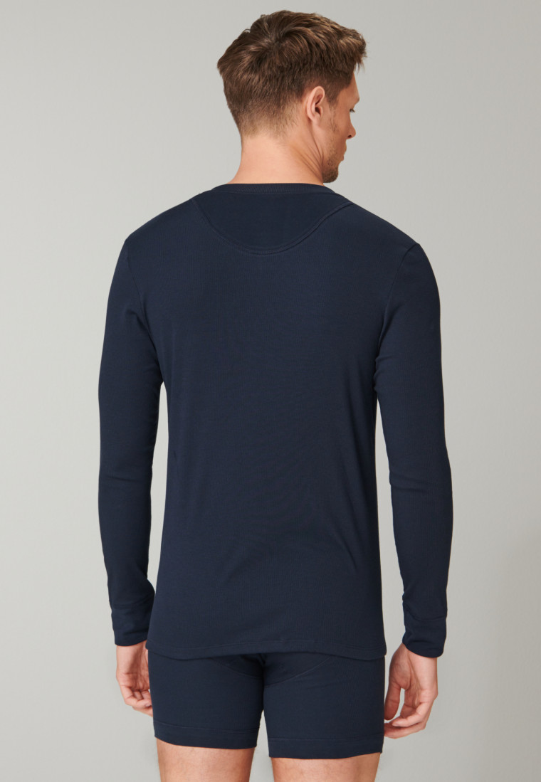 Maglietta a maniche lunghe in cotone biologico a doppia costa con abbottonatura, blu scuro - Retro Rib