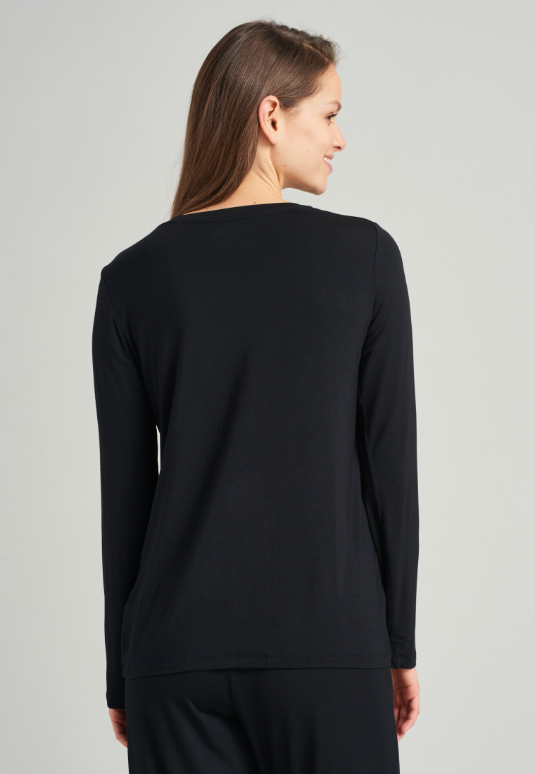 Shirt lange mouwen modal V-hals knoopsluiting zwart - Mix+Relax