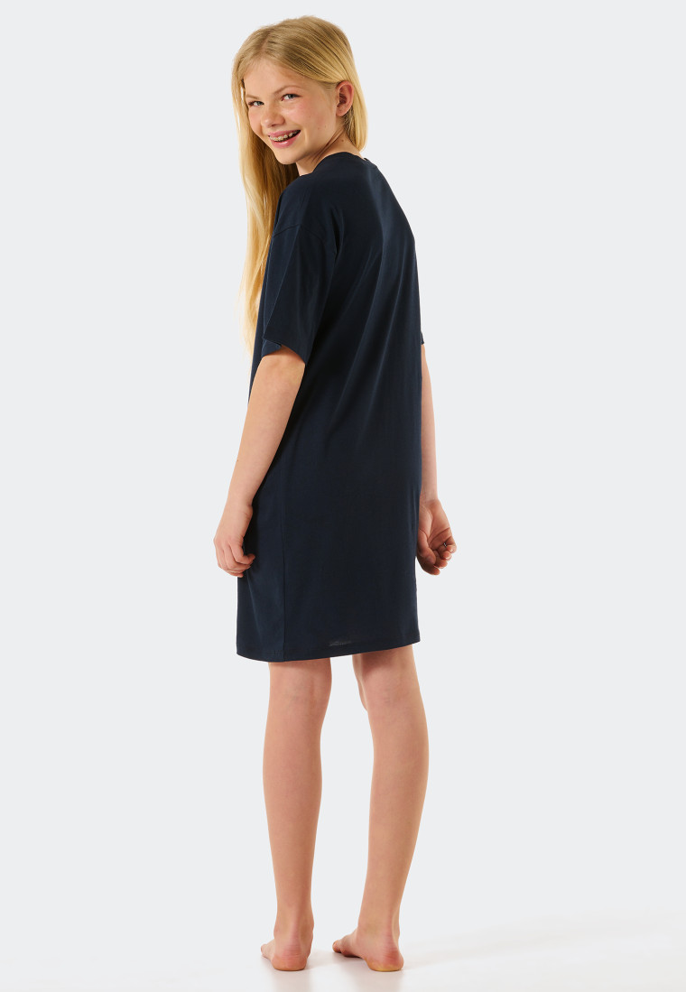 Maglia da notte a maniche corte in cotone biologico con motivo di cacatua, blu scuro - Ocean Flow