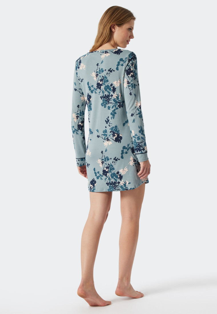 Sleepshirt lange mouwen interlock bloemenprint grijsblauw - Contemporary Nightwear