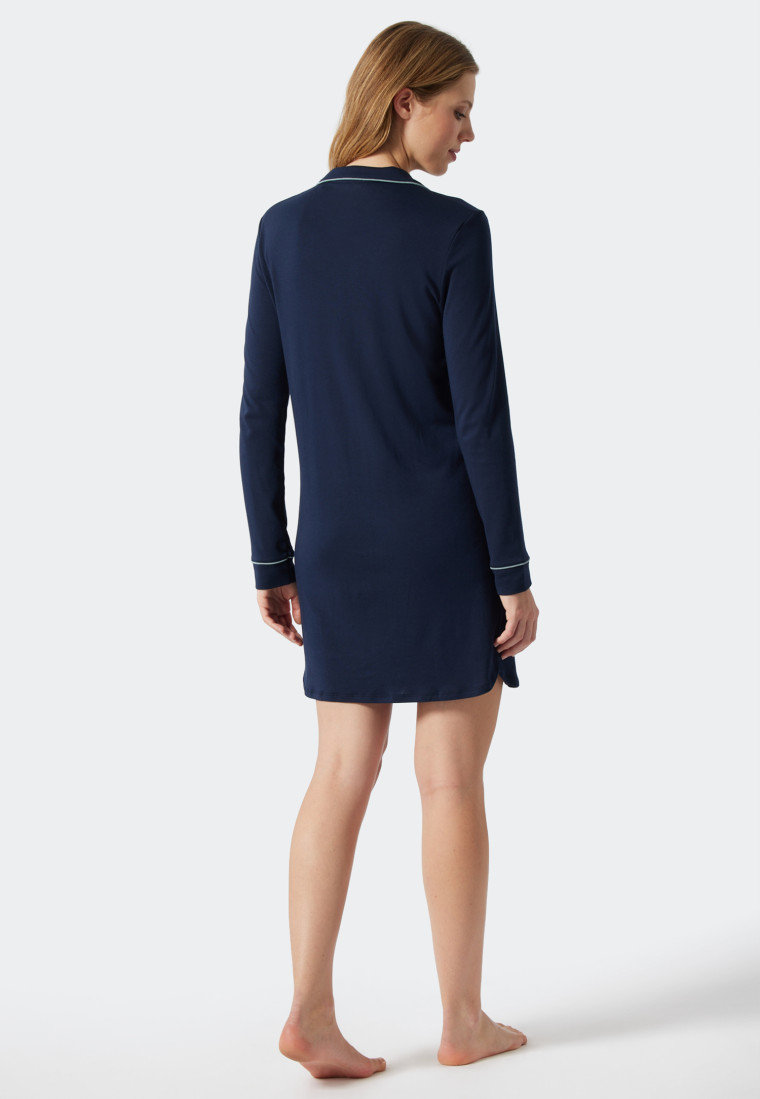 Sleepshirt langarm Interlock Knopfleiste Paspeln dunkelblau - Contemporary Nightwear