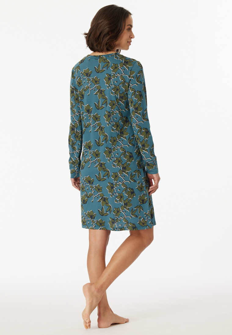 Slaapshirt lange mouwen modal bloemenprint petrol - Contemporary Nightwear