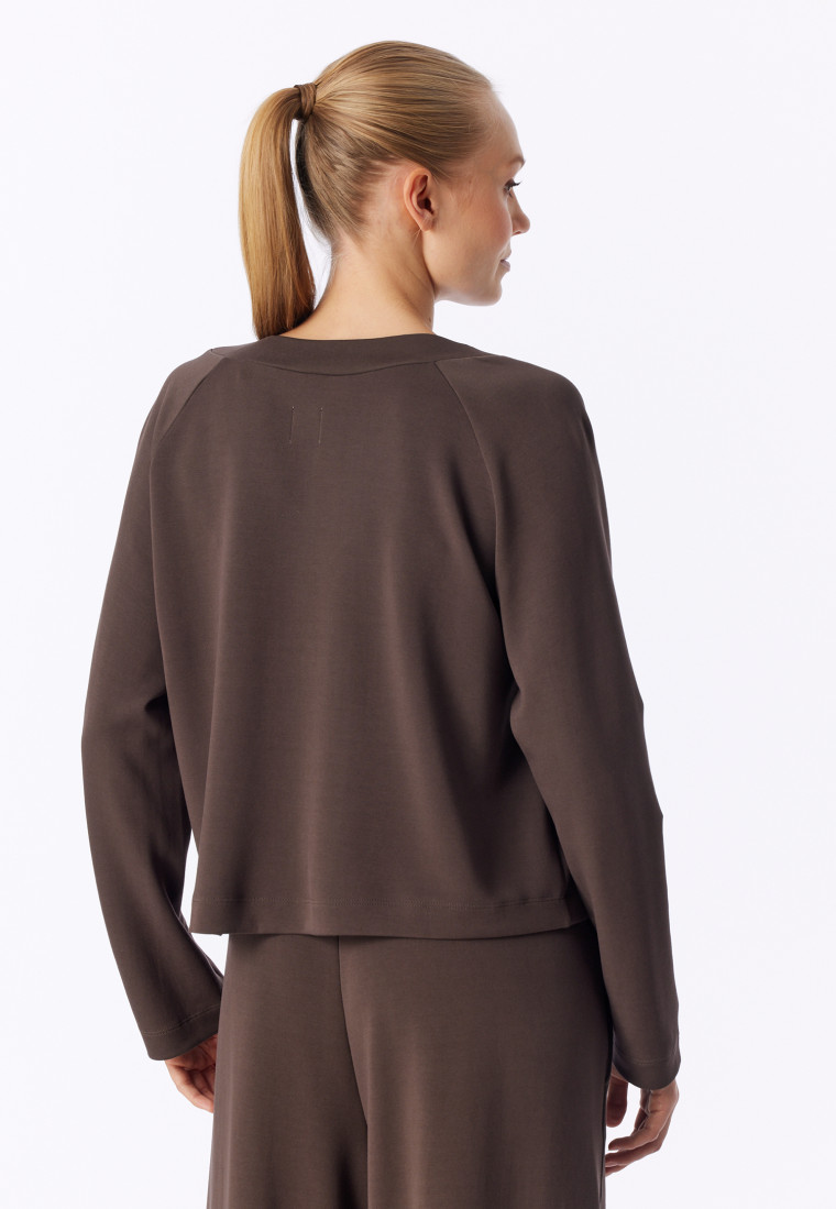 Sweatshirt met lange mouwen, doubleface, v-hals, diepbruin - Mix+ Relax