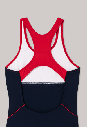 Maillot de bain tricoté tissu recyclé indice SPF40 + dos nageur rouge / bleu foncé - Nautical Chica