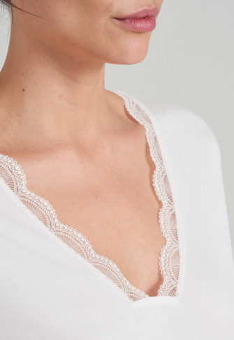 Shirt short-sleeved interlock mercerized V-neck lace vanilla - Mix + Relax