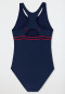 Costume da bagno in tessuto a maglia riciclato con fattore di protezione solare 40+ per l'attività sportiva a scuola, blu scuro - Nautical Chica